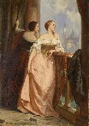 Edouard Hamman Zwei Damen am Balkon, im Hintergrund San Giorgio Maggiore, Venedig France oil painting artist